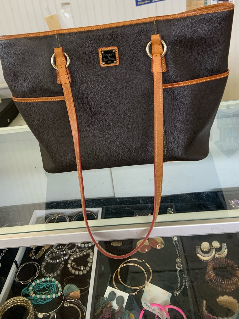 Dooney & Bourke Dark Brown Tote with Caramel Trim